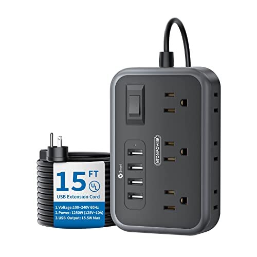 Flat Plug Extension Cord 15 Ft 6 Widely Spaced Outlet2 Side Power Strip with ...