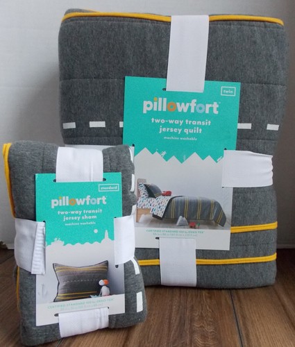 Pillowfort Transit Jersey TWIN Quilt + Sham 2 Pc ~ NEW Gray Yellow White - Picture 2 of 5
