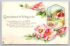 Greetings By Wireless~Pink Flowers & House Scene~Embossed~Made In USA~Vintage PC