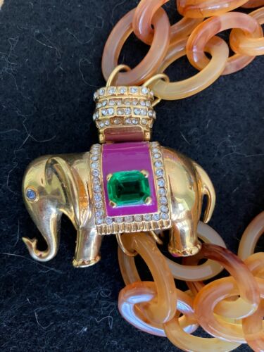 UNIQUE HUGE VTG J CREW ENAMEL GEMSTONE ELEPHANT FAUX TORTOISE CHAIN NECKLACE - Picture 3 of 8