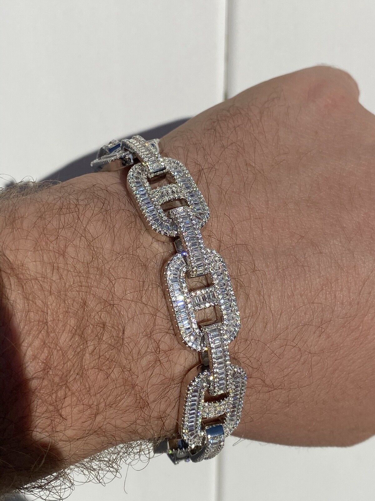 Men’s Solid 925 Silver Baguette Gucci Link Bracelet CZ Thick Flooded Out  15mm