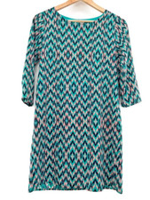 Everly Women's Sz Small Dress Shift Teal Green Geometric 3/4 Sleeve Lined Scoop