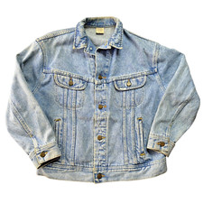 Vtg LEE M.R. Riders Denim Jacket Womens Blue Made In USA XL Cross Stitch Patch