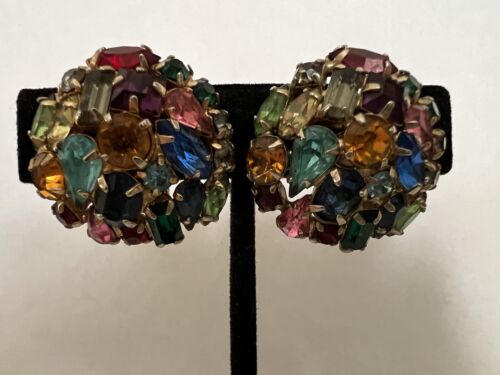 Vintage Jeweled Earrings Round Clip On Multicolored - Afbeelding 1 van 9