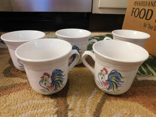 Lot Vtg Century Stoneware SUNRISE ROOSTER Chicken Coffee Tea Mugs 5 set RETRO