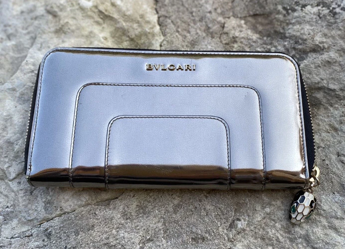 BVLGARI Long Leather Metalic Wallet Serpenti Snake Decoration Round Zip . 575
