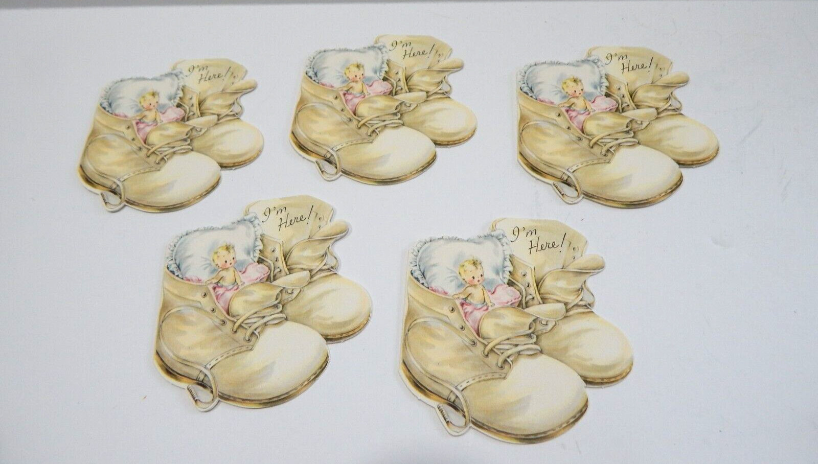 Lot of Vintage Hallmark Baby Shoe Birth Announcements x 5