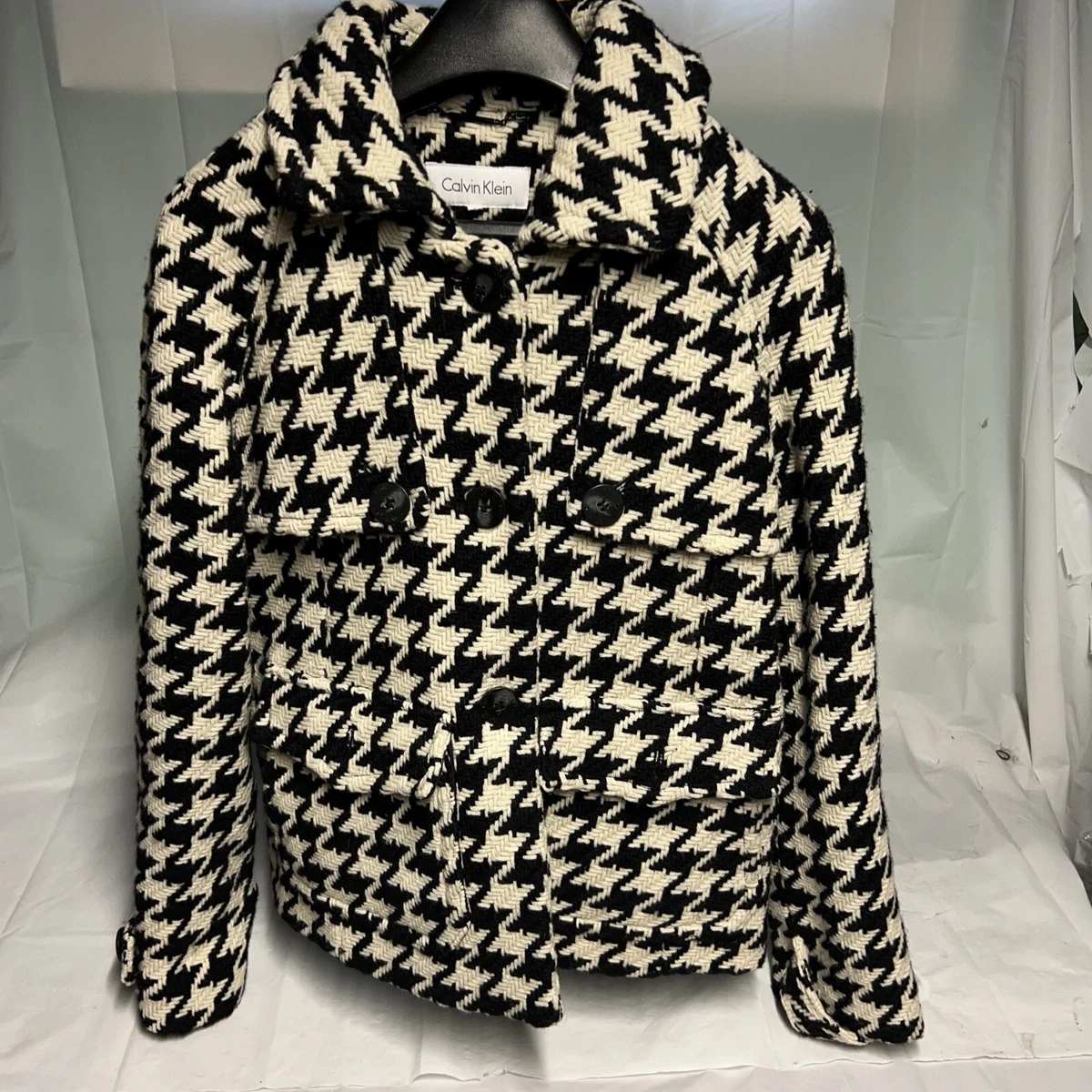 Calvin Klein Wool Blend Black White Houndstooth Woven Knit Short Pea Coat  Sz 4 | eBay