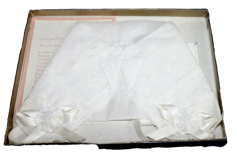 Vintage Christening Bonnet original box, bonnet of white linen w/ lace & ribbons