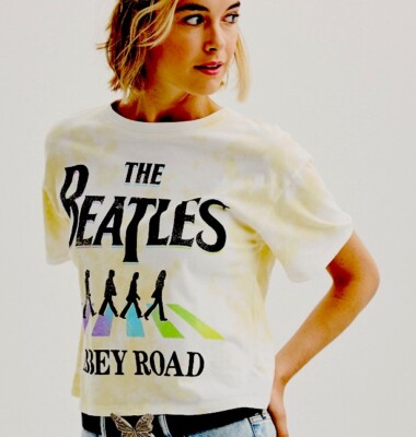 The Beatles Abbey Road Women’s Yellow Tie Dye Rainbow Crop T-Shirt Size XL 