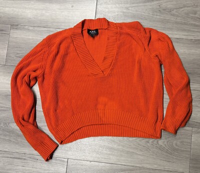 A.P.C. APC Harmony Pullover Strickpullover V-Ausschnitt rot orange, Gr. M, 100% Baumwolle
