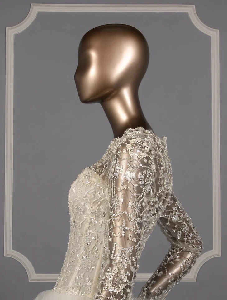 KENNETH POOL Carmen Beaded Sheer Long Sleeves Wedding Dress Ivory Tulle Ballgown - Image 4 of 4