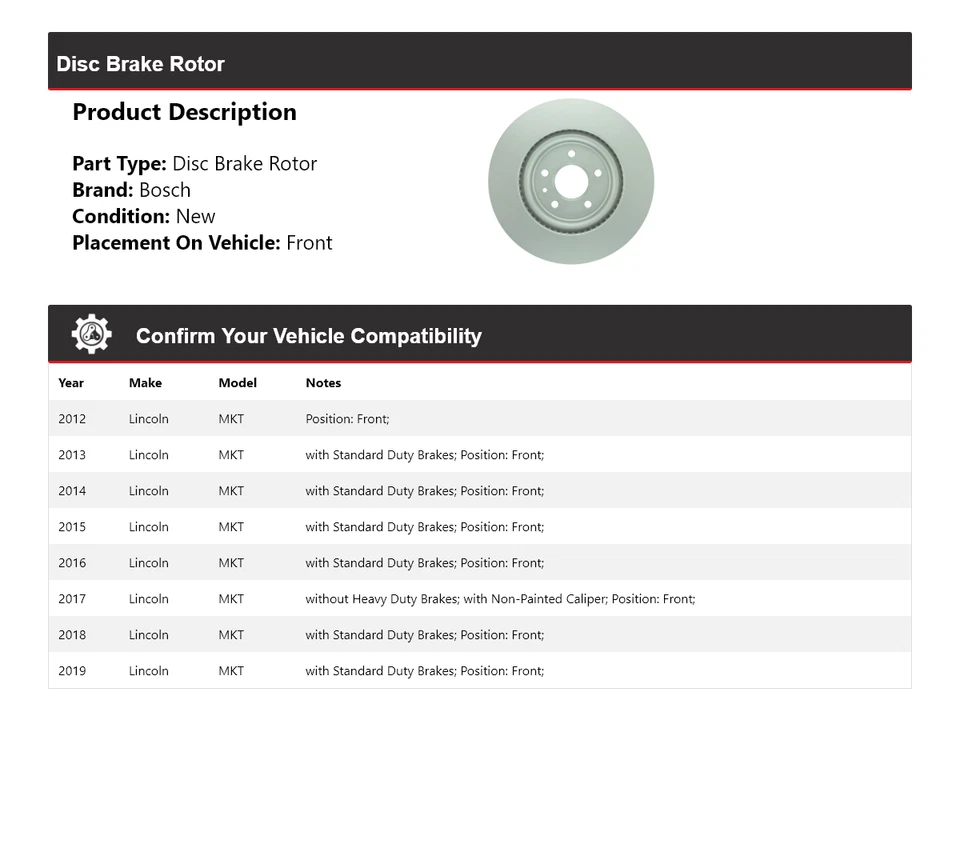 Тихий литой передний дисковый тормоз ротор для Lincoln MKT Bosch 2012-2019 годов выпуска 2013 2014 2015 годов выпуска - Изображение 2 из 4