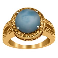 Solitaire Round Larimar 925 Sterling Silver Yellow Plated Beaded Halo Ring