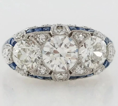 Art Deco Style Lab Created Diamond & Sapphire Wedding 14K White Gold Finish Ring