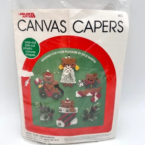Leisure Arts Canvas Capers Teddy Bear Ornaments Kit Plastic Canvas 462 Christmas