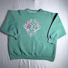 Vtg Express Oversized Small Green Embroidered Pullover Womens Sweatshirt Cottage