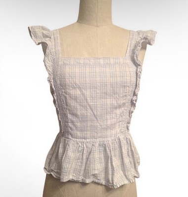 Gingham Cotton Ruffle Sleeveless Top Embroidered Ruching Cottage Burrowcore S