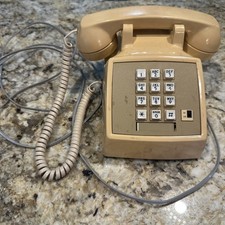 Vintage AT T Push Button Phone Desk Top Telephone Vintage Midcentury Tan Beige