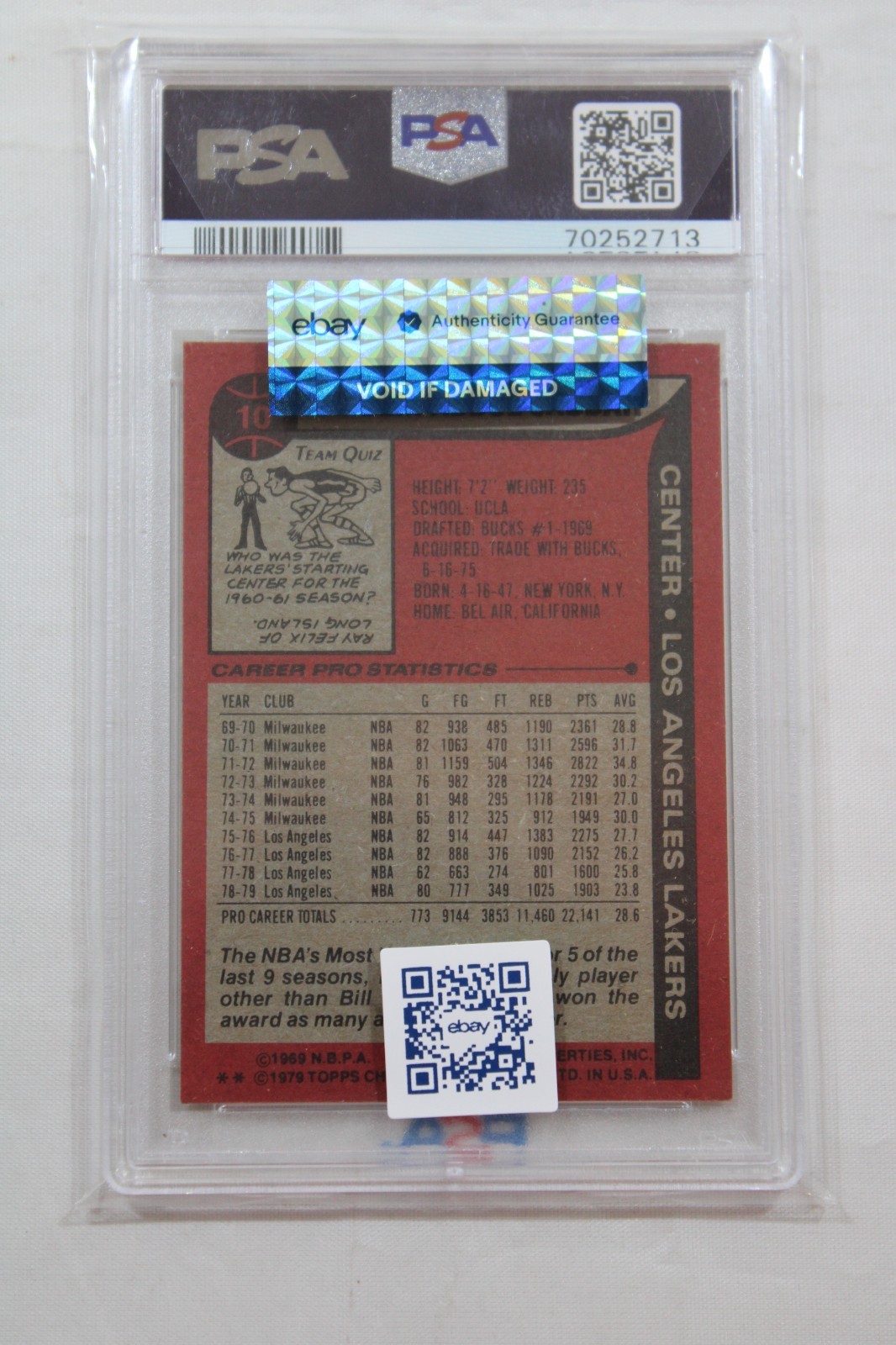 1979 Topps #10 Kareem Abdul-Jabbar PSA Graded 9 Mint view 2