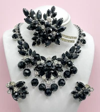 VTG Verified JULIANA Black Bobble Beaded Rhinestone Necklace Earrings brooch set