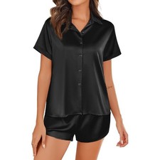 EKOUAER Womens Black Satin Short Sleeve Button Up Pajama Set L