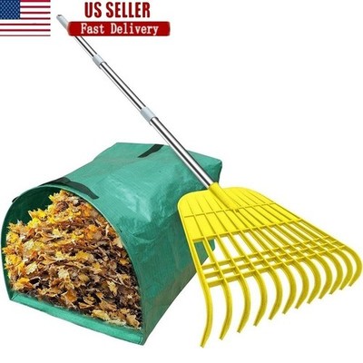 Adjustable Garden Rake 12 Tines Leaf Collector Dustpan Bag Gloves Cleanup New