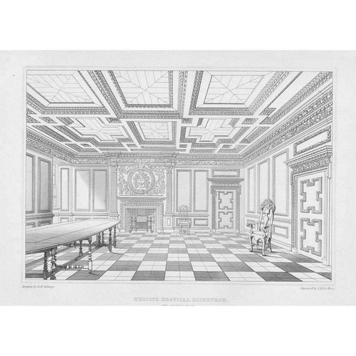 Heriot's Hospital, Edinburgh - Council Room - Antique Engraved Print 1847