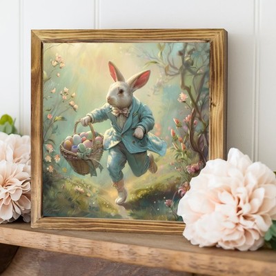 Gentleman Bunny With Easter Eggs Wooden Plaque Oil Painting Style Spring Decor