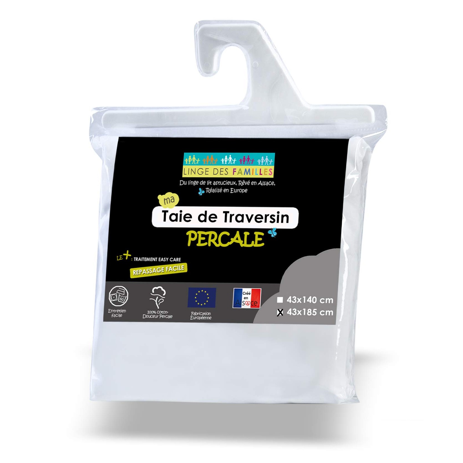 Taie pour traversin 140 cm en coton percale blanc idéale pour chambre parentale
