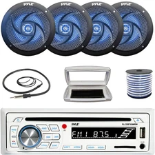 Pyle 1-DIN Bluetooth Marine CD Radio W/Cover, 4x 6'' 240W Max Blue LED Speakers