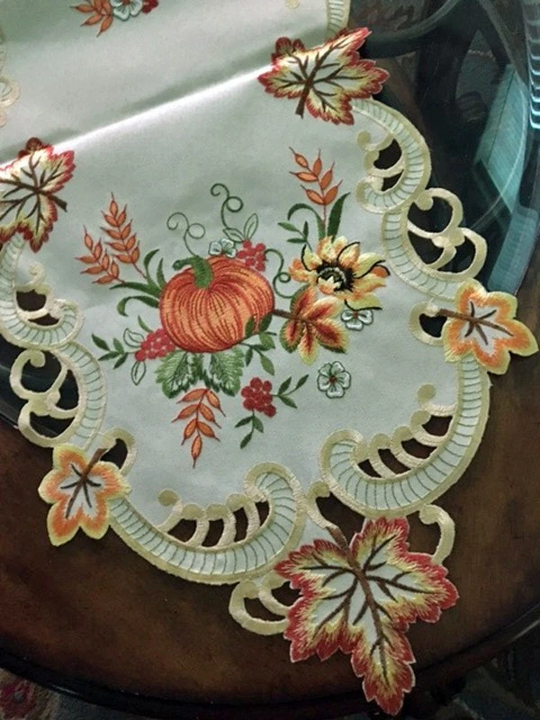 Fall Table Runner Embroider Pumpkins Sunflowers Leaves Thanksgiving Autumn Decor