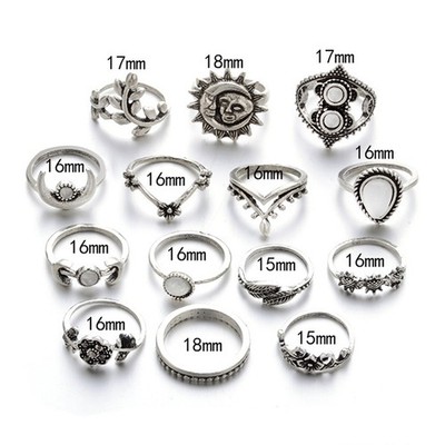 14Pcs/Set Boho Stack Crystal Flower Moon Sun Knuckle Ring Midi Finger Rings JwWO