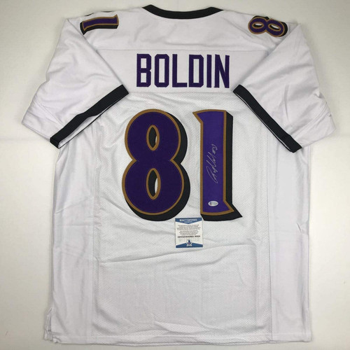 Autographed/Signed ANQUAN BOLDIN Baltimore White Football Jersey Beckett BAS COA - Picture 1 of 4