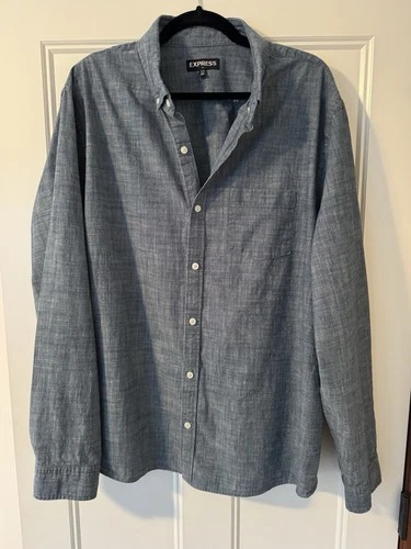 Express Men's XXL 2XL Button Up Long Sleeve Blue Gray Dress Shirt