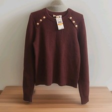 MICHAEL KORS Women's Crew Neck Pullover Sweater Gold Buttons Burgundy Sz S