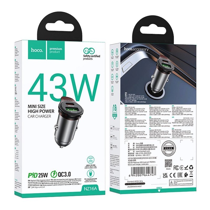 Hoco Grigio Caricabatterie Auto Con Cavo Usb-C Nz16a, 43W, 3A, 1 X Usb-A - 1 X Usb-C, - Immagine 2