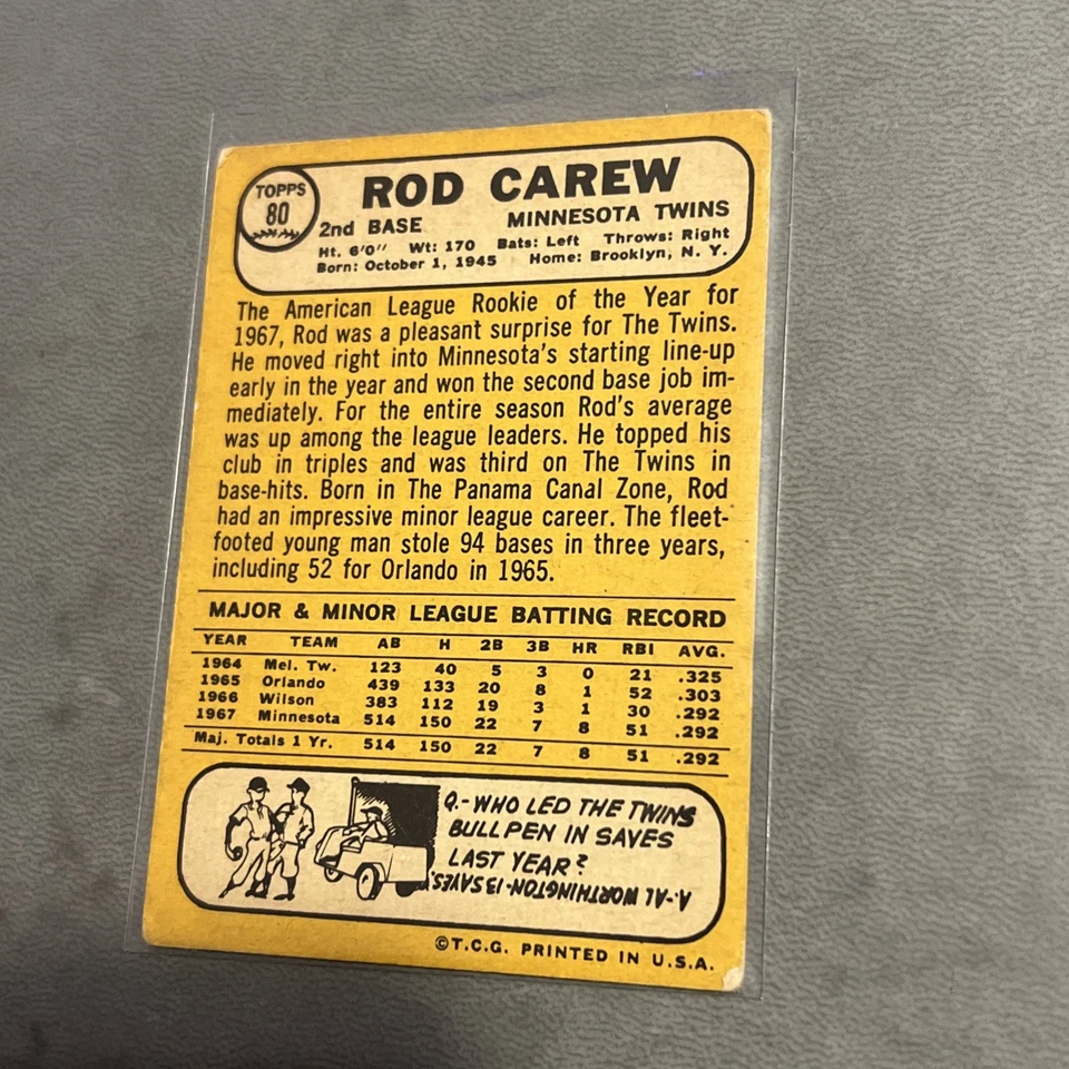 1968 年 Rod Carew Topps #80 明尼苏达双城队状况极佳 — 第 4/4 张图片