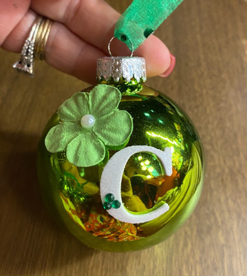Bright Green White Monogram Initial Letter C Blown Glass Christmas Ornament 2.5''