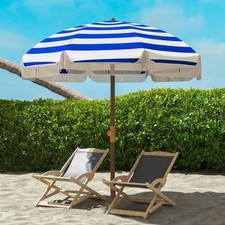 Blue White Striped Beach Umbrella Fringe Wooden Pole with 2 Folding Chairs
