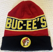 Buc-ee's Beaver Mascot Red Black Yellow Striped Stretch Winter Beanie Hat Unisx