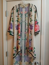 Flying Tomato Floral Long Kimono Cream Open Front 3/4 Sleeve Hippie Boho Small
