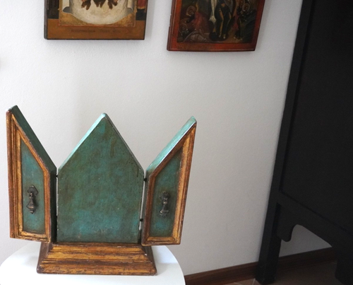 Antico trittico in legno altarino icona da viaggio Madonna e Santi altar XVIII° - Foto 5 di 17