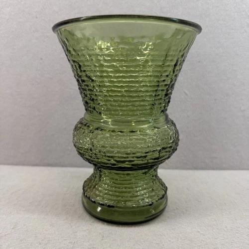 Vintage Anchor Hocking Soreno Avocado Green Glass Vase 6.5" Textured Bark