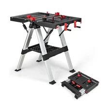 IRONMAX Folding Work Table, 2-in-1 Height Adjustable Workbench & Sawhorse w/F...