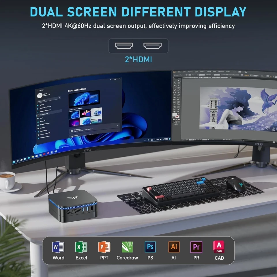 AK1PLUS Mini PC, N95 Processor (up to 3.4GHz), 8GB DDR4 RAM 256GB M.2 SSD, Mi... - Image 3 of 4