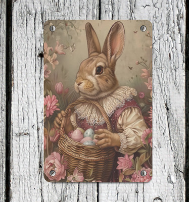 Victorian Wall Decor Vintage Easter Bunny Rabbit Eggs Flowers Metal Sign 8x12
