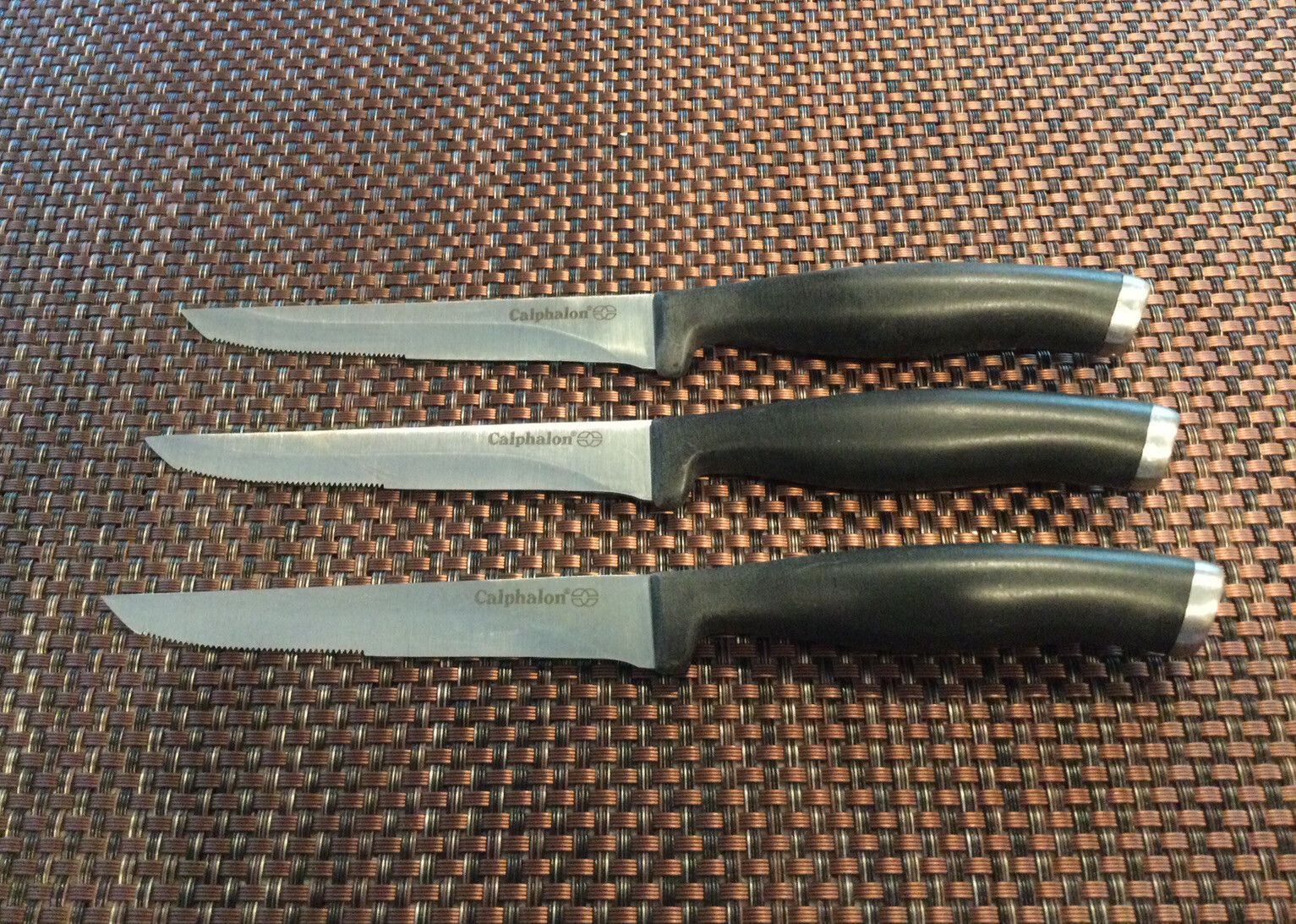 3 CALPHALON Steak Knives Partially Serrated Edge 4.5" High Carbon Steel