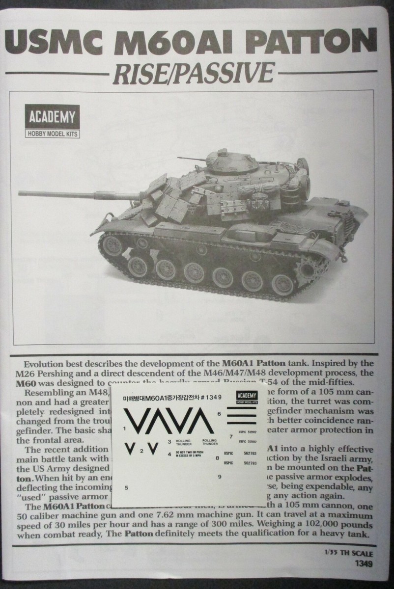 Academy 1/35th Scale US M60A1 Rise - Decals & Directions from Kit