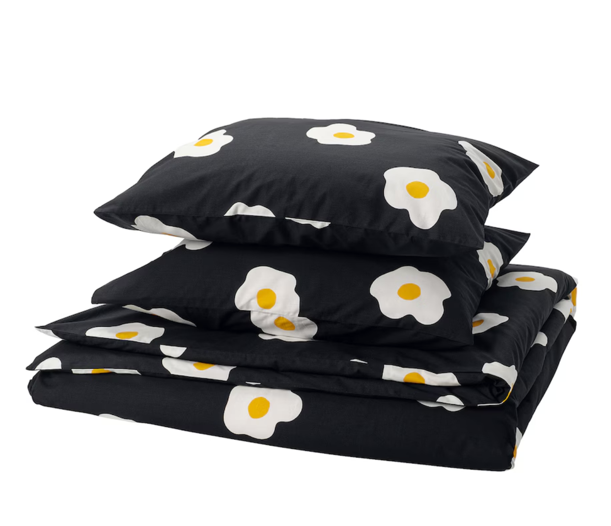IKEA OGONLOCKSMAL Duvet Cover 2 Pillowcases Black White Yellow